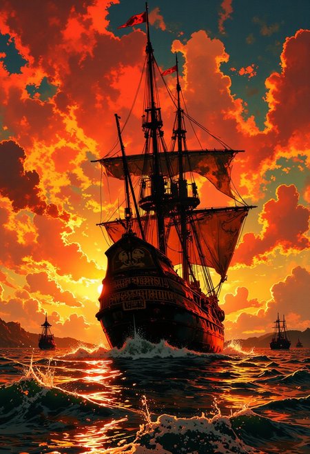 nistyle, inksketch of a pirate galleon, sunset, silhouetted, chiascuro