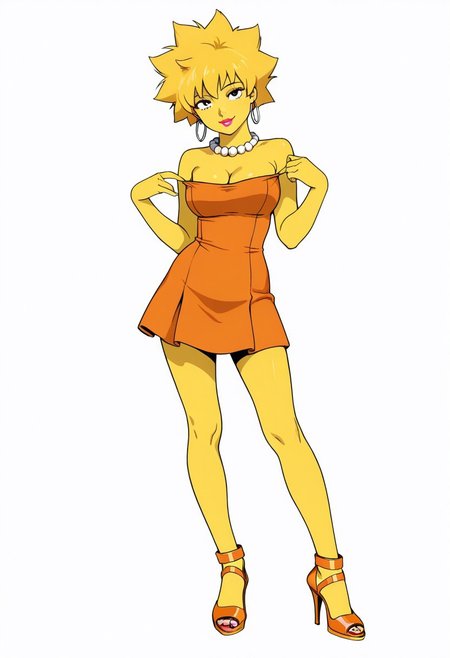 anime coloring, lineless, realistic cartoon,
flat colors, lisa simpson, yellow skin, pearl necklace, orange tube dress, strapless, earrings, lipstick, official art, orange footwear high stiletto heel, ankle straps shoes, tilt head, cleavage pulled down
Solo, pose, looking at viewer, white background, simple background, masterpiece, best quality, amazing quality, intricate ditails, , attractive exciting, seductive pose,  
Standing,she holds a white strig in her right hand