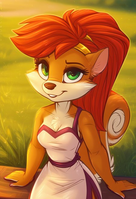 zPDXL, score_9_up, score_8_up,_7_up, score_6_up, score_5_up, score_4_up ,source_furry, best quality, amazing quality, blurry background, masterpiece, 1girl, magic in the air, looking at viewer, solo, cute, cute smile, adorable, outdoors, park, plants, (upper body,close, face focus, sitting:1.2), breast, venus, red hair, squirrel, long hair, green eyes, squirrel tail, orange-white fur, dress, gold hairband, sandals, side slit, <lora:Venus:0.8>, dimwitdog, <lora:dimwitdog:1.2>, Expressiveh, good_hands, <lora:Expressive_H:0.8>, <lora:Detail_Slider_v1.4_iteration_3:4>, <lora:pony_good_hands:0.8>