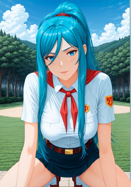 masterpiece, high_quality, highres, detailed_eyes, detailed, masterpiece, best quality, absurdres, 8k, HDR, face_focus, high quality, very_awa, newest, absurdres, highres, depth_of_field, realistic_skin, pinkretroanime, (retro art:0.7), Jeddtl02, p0nyd1sney1ncasev1x0n2, very aesthetic, detailed face, pioneer_uniform, el_pioneer_outfit, white_shirt_pioneer, short_sleeves, pioneer_badge, blue_short_pioneer, red_neckerchief, belt, white_socks, shoes, <lora:Takao_Aoki_illustrious:1>, aquamarine hair color, ponytail, blue eyes, (medium hanging breasts:1.2), elegant and dominant, mature, adult, sexy, medium breasts, looking at viewer, detailed beautiful eye, medium breasts, amazing background, clouds, nature, forest, ,  <lora:Everlasting_summer_pioneer_uniform:1>