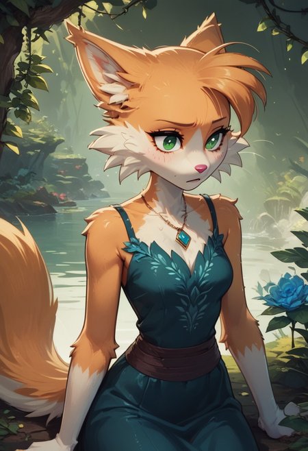 score_9, score_8_up, score_7_up, Rolo, 1girl, solo, animal ears, furry female, body fur, animal nose, white fur, green eyes, short hair, tail, fox ears, fox girl, two-tone fur, fox tail, orange fur, highly detailed, intricate, zzCitronCAT, enchanted grotto scenery