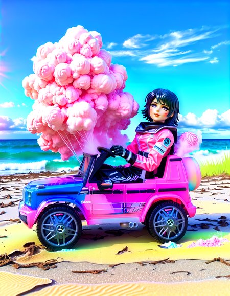 80s retro vaporwave Mikasa Ackerman (sitting:1.15) in a (mg63:1.15),at a beach,latex racesuit, candy cotton clouds,glittebomb explosion, smoke, half robot face, mechanical arm, biomechanical, (masterpiece:1.05),,,. Grid art, sunsets, neon palms, vibrant nostalgia, retro futuristic