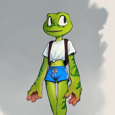 Frogger, anthro, frog, green skin, freckles, white shirt, blue shorts, standing, score_9, score_8_up