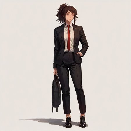 solo, simple background.    <lora:Character CSM Michiko Tendo v2:1> csmt3ndo, 1girl, suit, jacket, pants, tie, full body, score_9, score_8_up, score_7_up, score_6_up, score_5_up, score_4_up, masterpiece, detailxl. BREAK