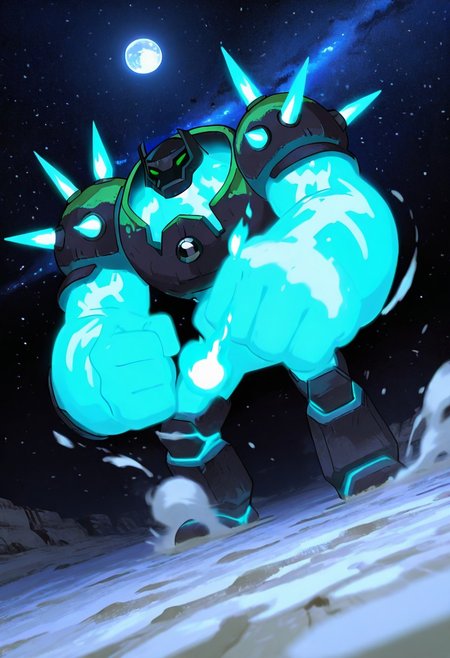 masterpiece, best quality, amazing quality, very aesthetic, absurdres, newest, , detailed background, 
 movie scene, cinematic scene, cinematic, foreground blur, depth of field, 
shckrck, glowing, shoulder spikes, green eyes, helmet, neon trim, blue fire, big arms, massive arms, blue arms, no humans, 
blue flames, on fire, in space, lunar surface, fust, white sand, moon surface,  earth from space, from below, dutch angle, tilted view, clenching fist, hand fire, blue fire, white sand, white earth, white dust, white dust smoke,