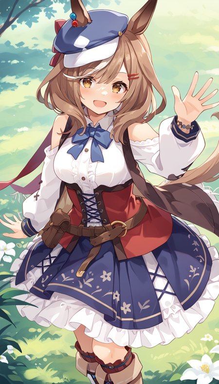 score_9,score_8_up,score_7_up,official art,masterpiece,high quality,megami magazine,official style,game cg,ao banana,
1girl,
mkt race, matikane tannhauser (umamusume),
animal ears, belt bag, blush, bow, brown hair, cabbie hat, ears through headwear,
hair ornament, hairclip, hat, highres, horse ears, horse girl, horse tail,
medium hair, multicolored hair, streaked hair, tail, white hair,
belt, brown eyes, clothing cutout, shoulder cutout, boots,
ribbon, yellow eyes, blue headwear, dress, ear piercing, piercing,
belt buckle, buckle, hair between eyes, blue bow, blue hat,
collared shirt, long sleeves, puffy long sleeves, puffy sleeves,
shirt, white shirt, bare shoulders, blue skirt, frilled skirt, frills, skirt,
bowtie, brown footwear, corset, frilled dress, socks, ear ornament,
blue bowtie, belt pouch, pouch, bangs, eyebrows visible through hair,
center frills, tilted headwear,  two-tone hair, waving, detached sleeves,
brown jacket, jacket, sleeveless, sleeveless jacket,
long dress,
standing,<lora:umamusume_matikane_tannhauser_pony_v1:1>,