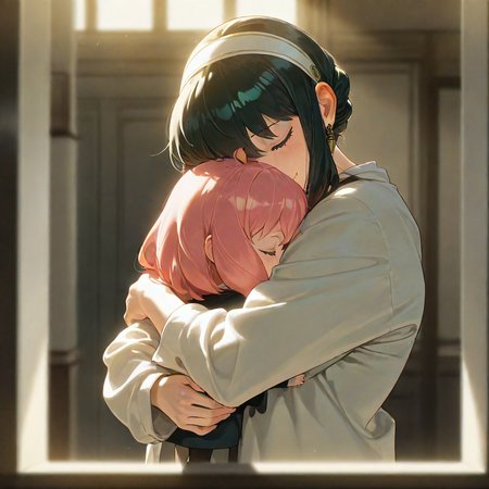 masterpiece, best quality, amazing quality, very aesthetic, absurdres,  newest, scenery, volumetric lighting,

yor briar and anya forger, spy x family anime style, hugging, happy,