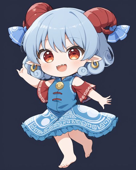 toutetsu yuuma,1girl, sharp_teeth, red_sleeves, earrings, blue_dress, red_horns, sheep_horns, barefoot, patterned_clothing, solo, detached_sleeves, white_background, horn_ribbon, open_mouth, simple_background, chibi, smile
<lora:toutetsu_yuuma_image1106_2023-12-20-000014:1>,star-shaped_pupils,symbol-shaped_pupils,. gorgeous,key visual, vibrant, studio anime,award-winning, professional, highly detailed,high budget, cinemascope