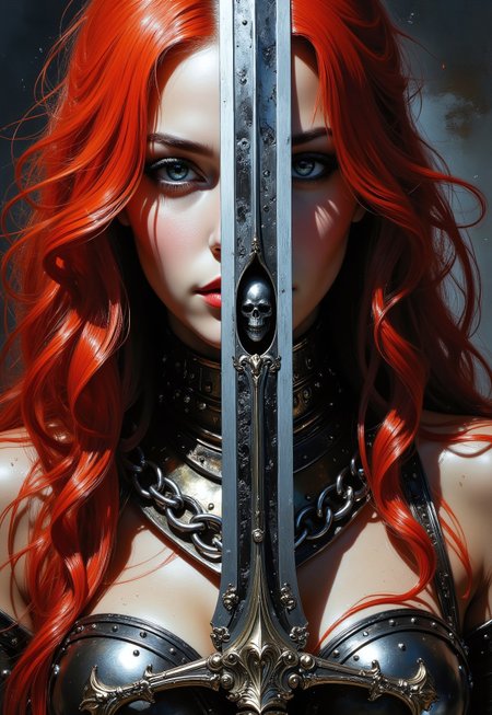 frank frazetta dark fantasy oil painting, (extremely closeup portrait of face and top of chest) of woman with pale skin and bright red hair wearing chainmail.  She is holding a sword up in front of her which divides the portrait of her into 2 sides, the reflection of the sword shows a monstrous face

