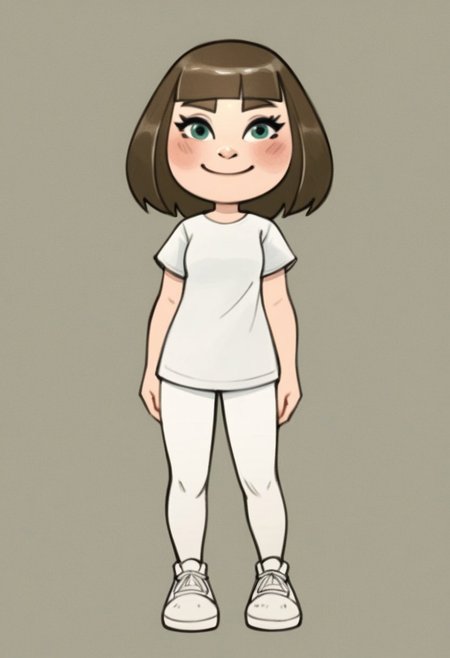 score_9, score_8_up, score_7_up, rating_safe, 
s1mz, 
small nose, blush, white pants, smile, white skin, green-ish brown hair, sneakers, green eyes, female mii, fringe, mii, cute, brown eyebrows, long hair, small breasts, wii u, 1girl, white clothing, Millie_(\Wii_Sports_Club\)