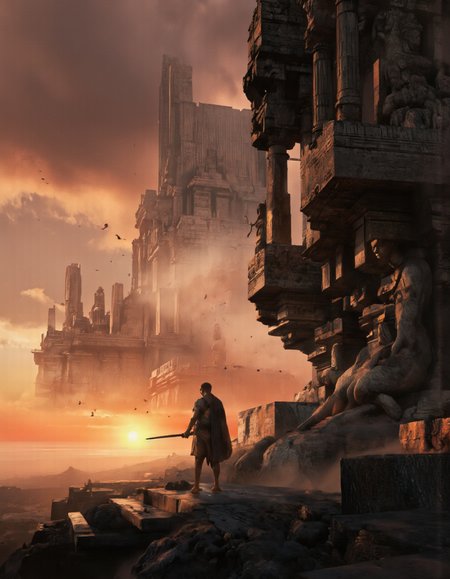 Art by Zhang Jing. A digital illustration shoot from a bird's eye view about a dramatic sunset scene featuring ancient stone structures, including a temple with several statues, set against a backdrop of a distant horizon. the image also shows a group of birds flying around the temple. on the right side of the image, a man stands on a pedestal, facing away from the viewer, wearing no clothing, no pants, no shoes, and no accessory. he appears to be in his mid-twenties, with a serious expression on his face. he is standing at the base of the temple, holding a sword in his right hand and a shield in his left hand. the temple itself is made of stone, with intricate carvings and columns, and is illuminated by soft, warm light. the sky is a mix of orange and pink hues, with the sun setting in the background, casting a warm glow over the scene.