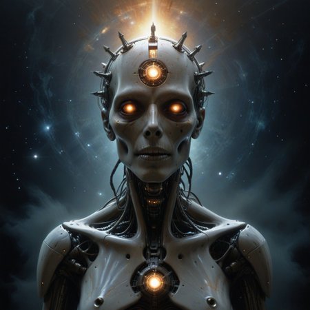 a painting that captures the essence of a poem: 
(star fields where machine souls rust under the last of Betelgeuse's light,  
it will go nova soon,
Veni, vidi, vici; 
When heaviest is the crown of the ghost of a god, will you come out to play; 
Use caution when dealing with the fallible tenets of aegis' rimwalkers; 
Cyborg religious sects turned loose with the coming of the new dawn, 
their prophecies hastily carved into silicon;
Do not despair o' voidwalker, for what happens in the dark is destined to come to light, both now and forever more...), 
Andrei Tarkovsky Style page,detailxl,