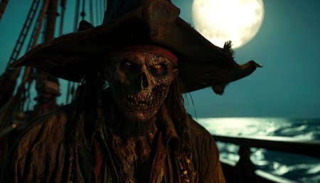 A movie film still of A mysterious zombie pirate with a weathered face and a wide-brimmed hat, standing in dramatic chiaroscuro lighting that highlights the shadows and contours of his expression, enhancing his rugged and intense demeanor. out on the deck of a pirate ghost ship on a moon lit night. 4k , 8k ,UHD