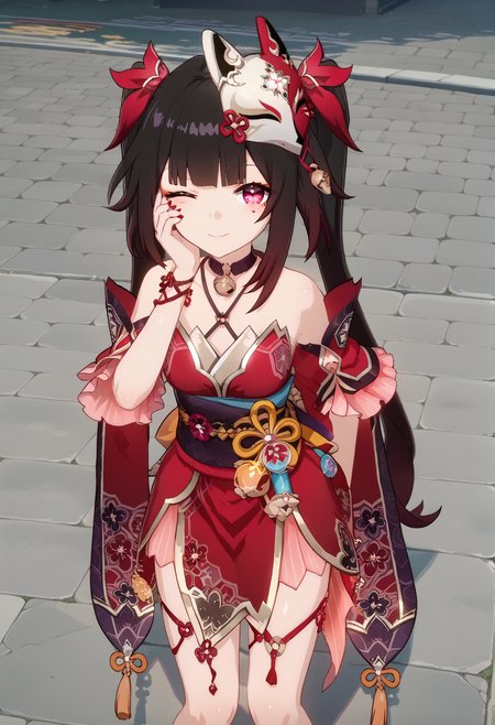 score_9, score_8_up, score_7_up, BREAK source_anime, masterpiece, anime screencap, shiny skin,
1girl, solo,
smile, one eye closed ,
selfiemirror,
from above ,
female focus,
attractive ,
looking at viewer ,
hand on own face,
standing ,
srsparkle,
outdoors,
<lora:srsparkle.pony:1>