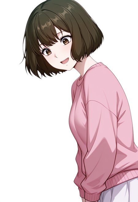 masterpiece,high quality details, absurdres,
 <lora:Akira_Dojima_V2:0.8> akira_cnr,1girl, brown hair, short hair, bob cut, bangs,brown eyes, akira_def, white skirt,pink sweater,, simple background, white background, from side,solo,, despair,excited,