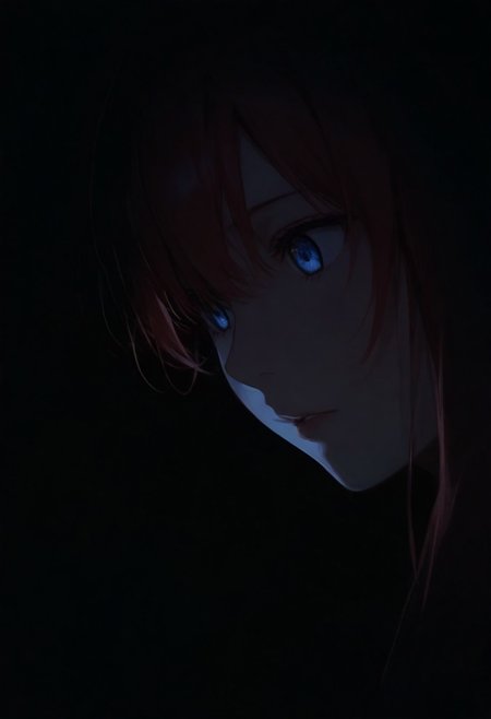 1girl,Nakano Miku (The Quintessential Quintuplets), solo, dark, light, masterpiece, best quality, very aesthetic, close up,  parted lips