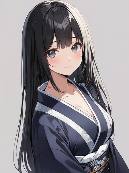 masterpiece,ultra-detailed,best quality,8K,illustration,cute face,clean skin ,shiny hair,girl,middle breasts,ultra-detailed-eyes,simple background, <lora:add-detail-xl:1>  <lora:straight hair_XL_V2.0:0.7> straight hair;black hair,kimono