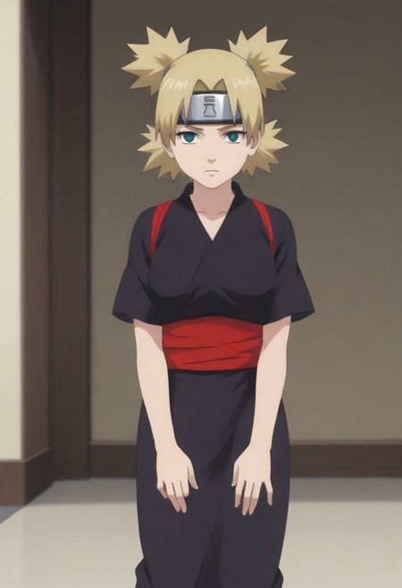 source_anime, anime screencap, source_anime, auratheguillotine, anime screencap, masterpiece, source_anime, shiny skin,,,,,tmrshippuden, 1girl, solo, , quad tails, forehead protector, no pupils, black kimono, red sash, short sleeves,breasts, <lora:Naruto_TemariShippuden_iXL:1>