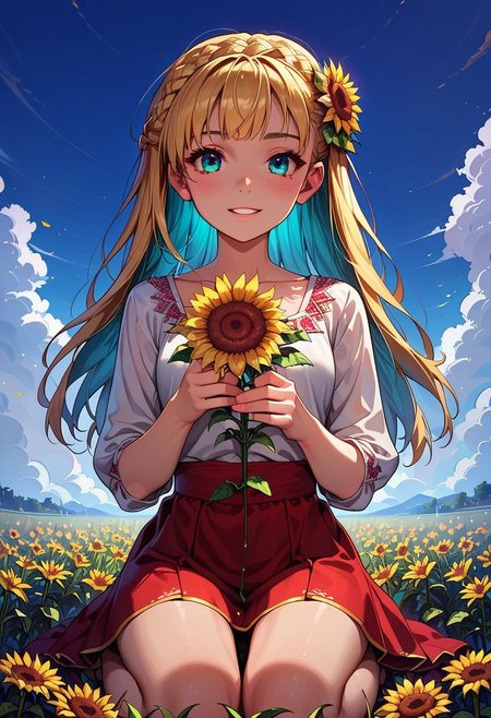 score_9_up, score_8_up, score_7_up, score_6_up, 1girl, 25 years old, perfect face, cute, petite,
cyan eyes,  
multicolored hair, colored inner hair, blonde hair, cyan hair, crown braid, long hair, sunflower hair ornament, 
Vyshyvanka, Ukrainian embroidered shirt, embroidered shirt, white shirt, 
red skirt, 
sunflower field, sunflower, yellow flower, flower field, field, sky, 
sitting, kneeling, holding flower
