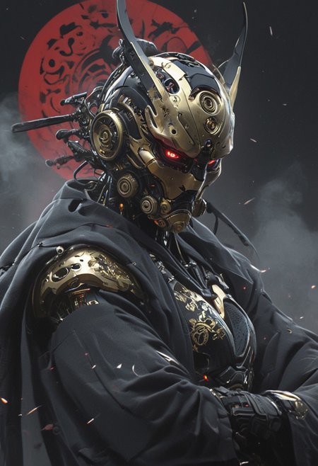 Create a extrahart, mystical, and high-resolution image of an busty female anthropomorphic a humanoid robot with intricate mechanical components named c3po. The character should be depicted in a manga cover style with wealthy portraiture and poster art elements. The image should feature rich colors and high contrast, focusing on the best quality, official art, and a beautiful and aesthetic appearance. Include fractal art elements and a colorful background with a splash of color. Use a movie perspective and an advertising style, similar to a magazine cover. C3po samurai should be shown solo, wearing Japanese clothes and armor, holding a sheathed katana, and standing in a cowboy shot pose. The robot should have neon green and yellow hip-hop clothes, tattoos, muscular abs, shoulder armor, and a metallic flowers in the background. Emphasize a samurai theme with a black and red background and starwars elements.