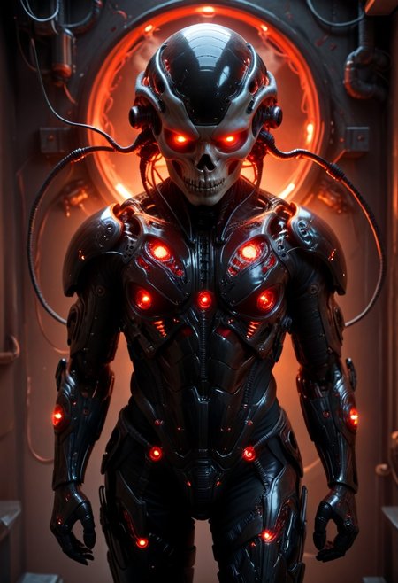 score_9, score_8_up, score_7_up, (1male), BExoS, science fiction, glowing eyes, cyborg, humanoid robot, wires, black skull helmet, red glowing eyes, looking at viewer, standing, head and thigh focus), (photorealistic), (masterpiece), (demonic picture),