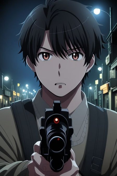 high resolution, solo, best quality, 1Boy, Inaho Kaizuka, Black Hair, portrait, midnight, dim street lights, mysterious, threatening, gun, aiming the gun to the viewer, OverallDetail
