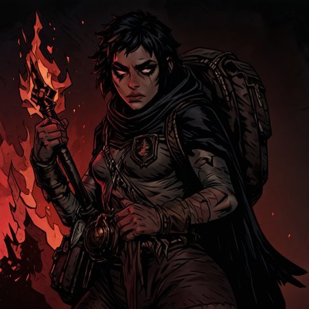 masterpiece, best quality, newest, absurdres, highres,  
TTCSV1.0, cherry-gig, 
1girl, DDRAW-V1.0, cape, black hair, short hair, small breasts, backpack, rags, weapon, holding weapon, fire,