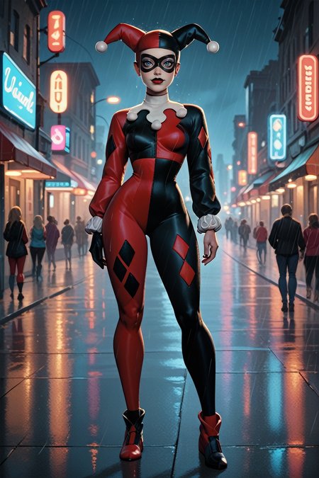 score_9, score_8_up, score_7_up, 
<lora:CHQuinn:0.8>
CHQuinn, 1girl, jester cap, domino mask, blue eyes, black lipstick, bodysuit, looking at viewer, standing in the rain on a neon-lit city street at night, full body