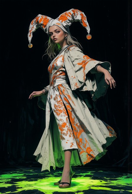 A hyper-realistic full-body illustration of a pale-skinned woman with flawless porcelain skin and sleek, flowing white hair cascading over her shoulders in smooth, silken waves. She wears a surreal, avant-garde white jester hat adorned with intricate orange embroidery, its exaggerated points curving sharply with angular grace. Her medieval-inspired long robe, also white, flows with dramatic elegance, featuring angular folds and lavish orange embroidered patterns that emphasize its ornate and intricate design. The woman’s dynamic pose exudes movement and grace: her body leans slightly forward, one arm extended outward with fingers gracefully splayed, while the other arm bends upward, clutching the edge of her robe in a poised yet dramatic gesture. Her legs are positioned to convey motion, with one stepping forward as the robe flares outward, caught in the suggestion of a gentle breeze. The background is a deep, velvety black, creating a stark contrast that amplifies the purity of her attire, while the floor glows with a fluorescent green fluid dynamic pattern, adding a surreal, otherworldly vibrancy to the scene. Rendered in 8K ultra-HD, the image captures every texture, shadow, and detail with breathtaking precision, blending avant-garde couture and surreal elegance into a visually striking masterpiece.