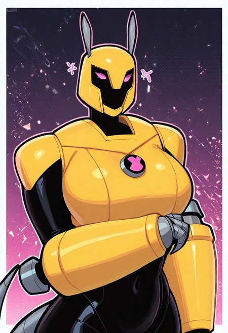 masterpiece, best quality, amazing quality, very aesthetic, absurdres, newest,, detailed background, 
armadrillo, robot, claws, yellow armor, grey tail, antennae, pink eyes, big arms, yellow helmet,
 upper body, halftone effect, white borders, abstract background:1.2,
welith, curvy, busty, black skin, pose,