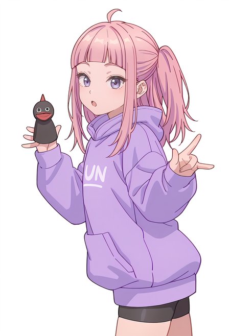 Smooth Quality,masterpiece,beautiful aesthetic, very intricate, high quality details, ultra realistic, high detailed skin,
simple background, white background,
from side,vulcan salute,:o,
bike shorts,  ,oversized sweater, ,Finger puppet, <lora:Fuyuki_Momokocnn:0.8> momoko/cnn, pink hair, 1girl, ahoge, purple eyes,petite,