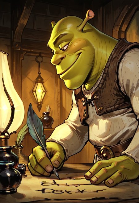 masterpiece, best quality, newest, absurdres, highres, TTCSV1.0,
writtenpeak, sidelighting, 1boy, male focus, shrek, bald, green skin, brown vest, white shirt, brown belt, pants, holding quill, feathers, lamp, inkwell, ink, indoors, writing, looking at object, smile, profile, from side,