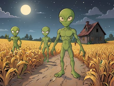 cartoon illustration, nighttime scene, green alien abductors, coming out of the cornfield ,   vivid colors, flat colors    <lora:extremely_detailed:-1> <lora:Cartoon_SDXL_V2-fixed:0.8>cartoon <lora:MJ52:0.2>