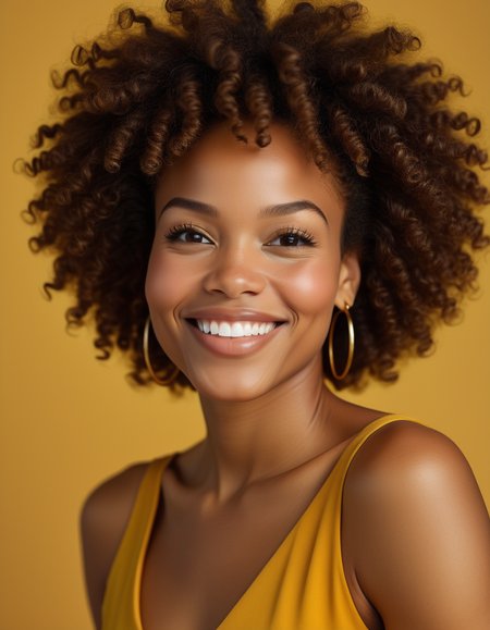 2d, A close-up portrait of a strikingly beautiful African American woman with high cheekbones and a warm, radiant smile. Her curly hair is styled in a short, natural afro, and her deep brown eyes are full of life and energy. She wears a simple, elegant dress that highlights her natural beauty., highly detailed, Figurative, side light, Mustard, sad atmosphere <lora:usual-portrait-v2:.9>