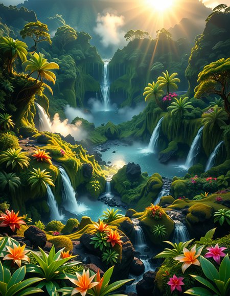 A breathtaking view of an ancient, dormant volcano now transformed into a lush, vibrant natural sanctuary. The crater is filled with dense tropical forests, colorful exotic flowers, cascading waterfalls, and mist swirling gently in the morning light. Vines and moss cover the dark volcanic rocks, and small streams wind down the slopes. while rays of sunlight pierce through the dense canopy, creating sparkling reflections on the water. The atmosphere feels peaceful, enchanted, and untouched by humans. The scene is depicted in an ultra-detailed, hyper-realistic style, with warm, soft lighting and rich, saturated colors that enhance the magical and serene mood of the landscape.
<lora:SDXLFaeTastic2400:0.4> <lora:extremely_detailed:0.4> extremely detailed, <lora:dormant_v0lc4n0:1>,dormant v0lc4n0, Masterpiece,best quality,hi res,8k,hi res,8k,award winning,(sharp focus, intricate, highly detailed),