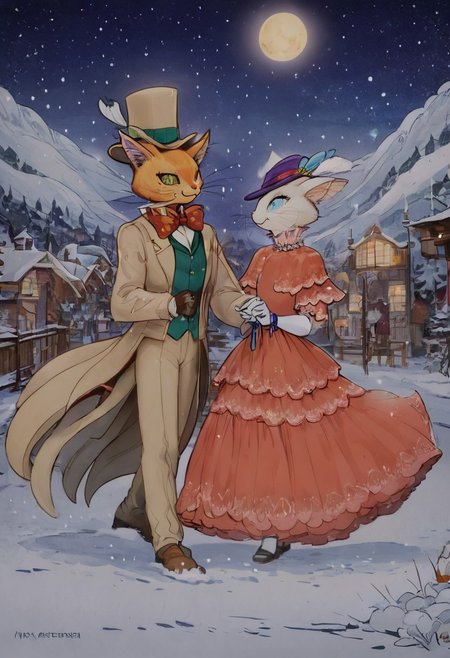 score_9, score_8_up, score_8, cute, in the style of beatrix potter, cel-shading, fca style, baroness louise, white fur, cat, female cat, anthro, baron humbert, ginger fur, cat, male, anthro, suit, tuxedo, blue bow-tie, blow-tie, white gloves, 1girl, furry, hat, 1boy, bowtie, dress, whiskers, hetero, bow, furry female, furry male, formal, gloves, traditional bowtie, top hat, smile, suit, animal ears, elbow gloves, red dress, smiling, blue eyes, walking, walking together, small town background, at night, moon, starry sky, snowy, snowing, nice landscape, woth design