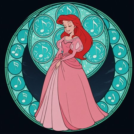 masterpiece, best quality, amazing quality, very aesthetic, absurdres, newest, 4k, 8k, 
divetotheheartxd, circle, black background, stained glass, round image, 1girl, dress, musical note, long hair, closed eyes, red hair, solo, pink dress, retro artstyle, music, smile, 
 <lora:STATION_OF_AWAKENING_V2:1> <lora:Ariel_-_Disney_Illustrious:1>