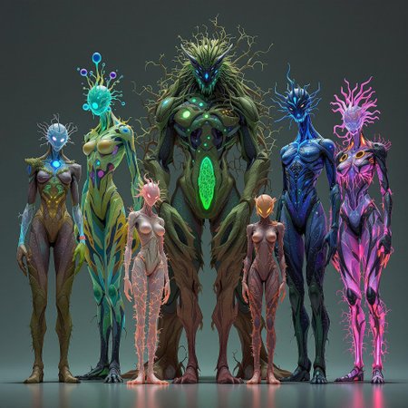 1 male archaea Humanoid, 1 female bacteria humanoid, 1 Protozoa Kaiju humanoid, and 1 fungi/Forest/elements/humanoid, 1 algae/neon/female humanoid, 1 viruses/parasite/creature humanoid, 1 Dinoflagellates/humanoid, the 7 are standing beside each other. 32k, 16k, 8k, masterpiece, Bioluminescence translucent body.