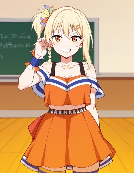 score_9, score_8_up, score_7_up, source_anime, <lora:ai-miyashita-saikou-heart-mv-ponyxl-lora-nochekaiser_r1:1>, ai miyashita, bangs, blonde hair, hair ornament, orange eyes, braid, sidelocks, medium hair, side ponytail, orange eyes, french braid,, skirt, thighhighs, jewelry, collarbone, necklace, off shoulder, tank top, wristband, cheerleader, pom pom (cheerleading), orange skirt, gyaru, heart necklace, classroom, desks, chalkboard, students, teacher, smile, <lora:tucking-hair-ponyxl-lora-nochekaiser:1>, tucking hair, adjusting hair, hand on own hair, hair behind ear,, looking at viewer, solo,, dutch angle, cowboy shot