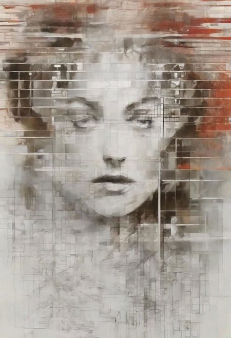 Monochrome black and white, Giger, Beksinski, Zawadzky, Dali, Magritte, Delvaux, Bellmer, Malevitch, Rodchenko, Mondrian, Kandinsky, Popovna, psychedelic hallucination, pop surrealism, rough crosshatch drawing pop art Lunatic_Portrait of a young woman in latex Avant-garde Fashion page, slick back, low bun, black makeup, sinister expression, intense glare, avant-garde, abstract, weird, geometric, constructivism, suprematism, rayonism, verticism, lineism, tj