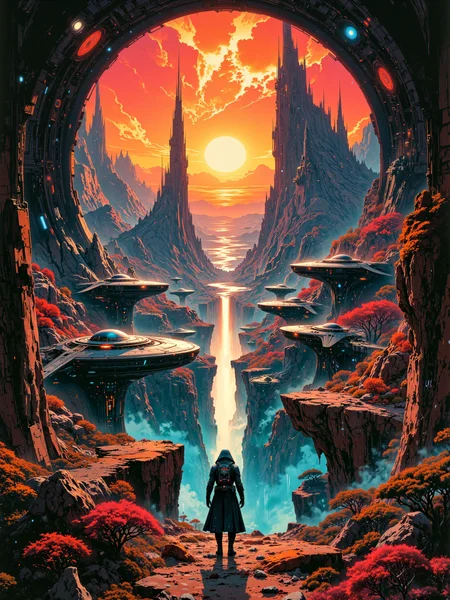 famous science fiction artwork, inspired by roger dean and stephan martiniere, absurdres, ultra-high-resolution, mystical and mesmerizing, cinematic view, hyper-realistic and highly detailed digital masterwork painting of an alien spaceport with landing platforms and dome-shaped hangars, in the middle of an otherworldly jungle with a breathtaking galactic nebula in the night sky, a den of scum and villainy with an alien planet in the sky, details include a landing spaceship and bizarre alien flora surrounding the port, detailed back view of sith wearing a black hooded robe with red status lights and a futuristic jetpack gazing at the spacesport in the distance, tall cliffs, engine trails, cosmic energy, aliens, bordeaux red and light beige and obsidian black and indigo purple and dresden blue and sunset orange, highly atmospheric, masterful use of light and shadow, grand composition, cinematic visual storytelling, ovg, artilands02, arsmoviestill, 80s fantasy movie still, <lora:style-fantastic_landscapes-v2-flux-by_artifyai:0.64> <lora:style-80s_fantasy_movie-v3-flux-by_arsmachina:0.44>