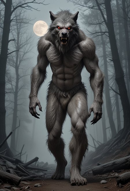 (medium full shot) of (horrifying werewolf), ash grey fur, scarred body, wearing rugged pants,  enchanted talisman,  set in  a fog-covered mountain trail with hidden pitfalls, ghostly apparitions, a sense of foreboding, during a full moon, Masterpiece,best quality, photo, realistic, very aesthetic, detailed face,