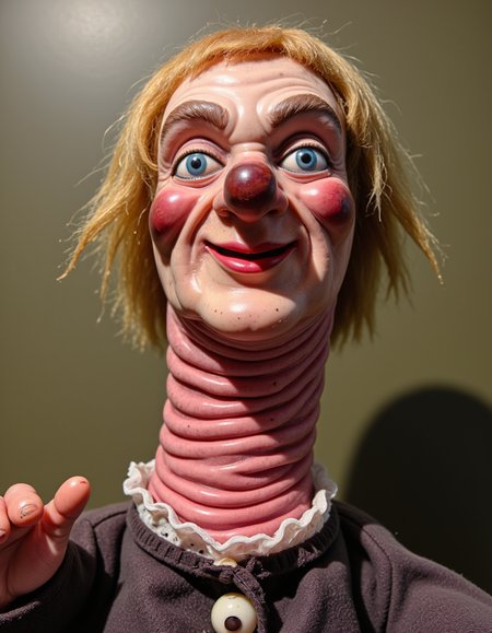 a photo where a creepy doll has a double length neck and has a defined vertically split glans head and a sucker mouth, in a 1800s aesthetic granny flat.