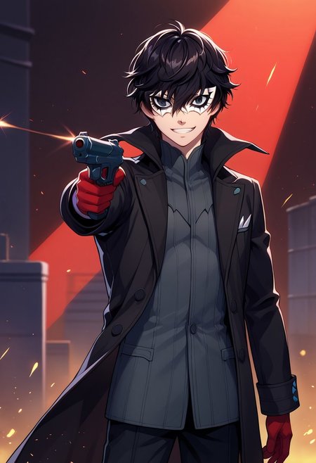 score_9, score_7_up, source_anime 

renpers, 1boy, male focus, solo, black eyes, black hair, hair between eyes, short hair, joker outfit, mask, white mask, shirt, grey shirt, coat, black coat, high collar, open coat, open clothes, grin, looking at viewer, upper body, gloves, red gloves, weapon, gun, holding gun, aiming,

indoor, darkness, shadows,