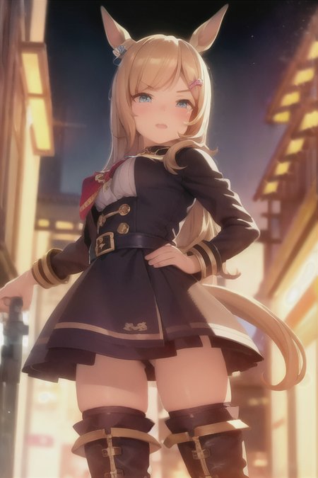 masterpiece,best quality,<lora:UmaMusumePrettyDerby_umms:1>umms,(horse ears, horse girl,:1.2) (horse tail,:1.3) ,full body

road, soft light,detailed lighting,cinematic light,neon lights,street lamp,shop,

detailed face,1girl,solo,hair bangs,hair clip,happy face,{{super detailed skin}},

{{wear armor}}, thigh boots,, detailed boot,gems, jewellery,badges,shackles,lots of gems, lots of badges,