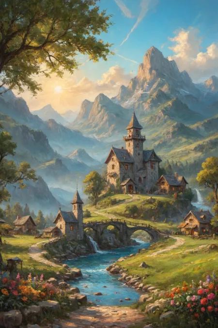 the most beautiful landscape, fantasy, ((very detailed)), sharp focus, sharp background,  best quality, valley, meadow, fountain, peasant village, stunning nature environment, (bright sunny sky), high contrast, cinematic (lights), backlight, shadows, lens flare, vibrant colors, colorful, Leaf Green flowers and leaves,  <lora:add-detail-xl:1>  <lora:Better Blur Control:1>