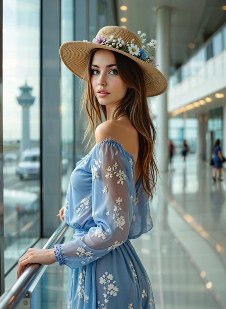 cinematic film still a young woman standing in an airport terminal. She is wearing a blue off-the-shoulder dress with white floral embroidery and a wide-brimmed straw hat with a flower crown on top. The woman has long brown hair and is looking off to the side with a serious expression on her face. The background shows a view of the airport terminal with a control tower in the distance. The overall mood of the image is elegant and sophisticated. Shallow depth of field, vignette, highly detailed, high budget, bokeh, cinemascope, moody, epic, gorgeous, film grain, grainy. <lora:add-detail-xl:.5>  <lora:Flux-style-xl-lora:.5>