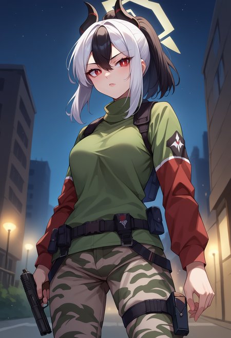 score_9, score_8_up,score_7_up, source_anime, 1girl, solo, <lora:EPbaKayoko:0.8>, EPbaKayoko, red eyes, white pupils, medium hair, ponytail, streaked hair, black hair, white hair, sidelocks, hair between eyes, horns, halo, green turtleneck, camouflage pants,  tactical clothes, thigh strap, dynamic pose, holding holding gun, gun, shoulder holster, holstered, handgun, night, outdoors, trigger discipline,