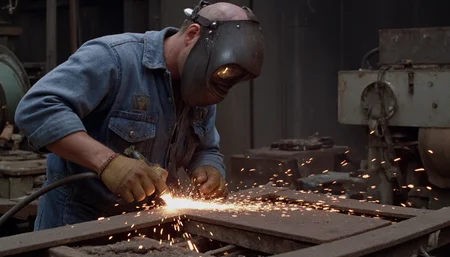 cinematic medium shot of a worker in a 1950s factory welding, many sparks flying, wearing a blue dirty jumpsuit and a welding mask. Soft natural light. High resolution. 2000s movie <lora:dark_cinematic-000080:1>
