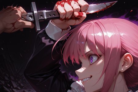 embedding:lazympos, 1girl,solo, CivChan, pink hair, purple eyes, destroy, demented, looking at viewer, maid outfit, dark, wide eyes, huge grin, blocking, arm up, incoming attack, 1boy, holding knife, blood on hands <lora:TrendCraft_The_Peoples_Style_Detailer-v1.0A-3_13_2025-illustrious:0.6>